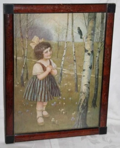 kleiner alter Druck - Mädchen mit Birken - 1916 - Frühling - Bild 1 von 4