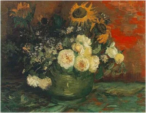 Ciotola con Girasoli Rose di Van Gogh Riproduzione Olio Tela Fatta a Mano VVG025 - Foto 1 di 1