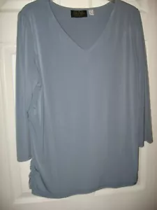 Top Bob Mackie, vintage, blu ardesia, collo a V, lavorato a maglia liquida elastica, 3/4 slv, L - Foto 1 di 5