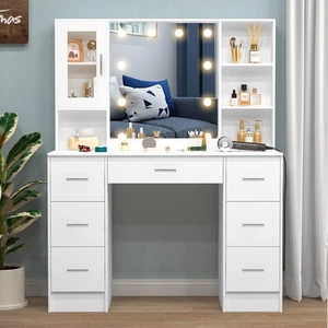 Schminktisch mit spiegel LED Beleuchtung 7 Schublade Frisiertisch Weiß Eitelkeit - Bild 1 von 16