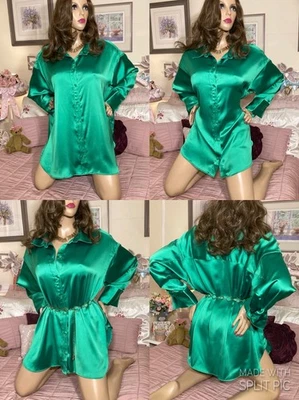HIGH GLOSS WET LOOK SILKY LIQUID SATIN Sexy Secretary Mistress Blouse Dress XXL - Image 1 of 4