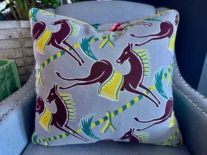 Leaping Show Horses 50s MIAMI Art Deco Mid Century Barkcloth Fabric PILLOW Cover - Picture 1 of 7