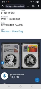 1996 ultra cameo PF70 AMERICAN EAGLE Thomas Uram Signature - Picture 1 of 3