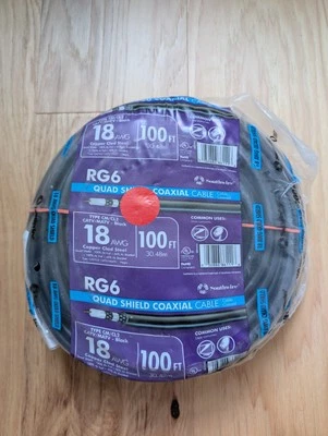 NEW Southwire RG6-Quad Shield Coaxial Cable Coil 18 AWG Copper Clad Black 100ft - Image 1 of 4