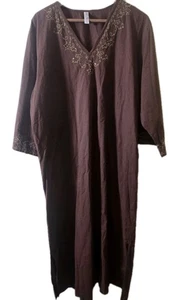 Vestido Cruz Natori Bordado Caftán Bohemio Maxi Manga Larga Marrón Grande - Imagen 1 de 6