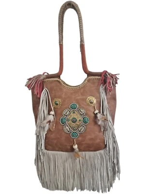 Unique Handmade Boho Luxury Leather Tote Shopper Bag Beaded Purse Fringe vintage - Image 1 of 4