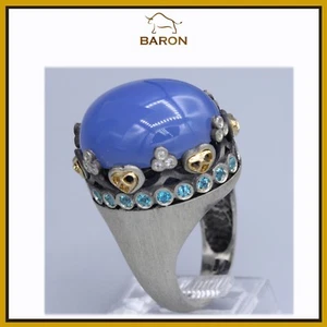 LARGE COCKTAIL RING CHALCEDONY BLUE RING STERLING SILVER & GOLD SIZE 7.5 - Picture 1 of 12