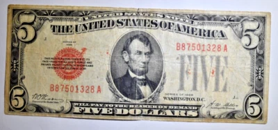 1928 $5 RED SEAL US NOTE ~ OVER INKED MULTIPLE RED INK SMEARS ERROR! - Image 1 of 3