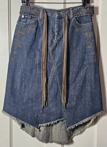 DKNY Jeans Skirt Size 4 Denim Raw Hem Floral Embroidered Fringe Belt Western  - Picture 1 of 24