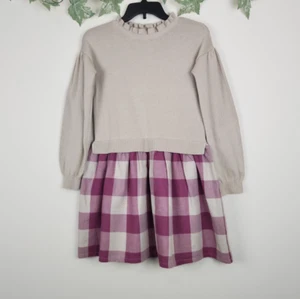 Gap Kids Size 12 Beige Purple Plaid Skirt Long Sleeve Ruffle Neck Sweater Dress - Picture 1 of 6