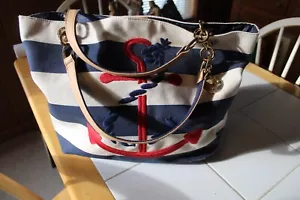 VTG TOMMY HILFIGER BLUE & NATURAL STRIPED NAUTICAL THEME ANCHOR CANVAS TOTE BAG - Picture 1 of 9