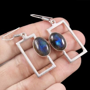 Fire Labradorite Oval Gemstone 925 Sterling Silver Handmade Dangle &Drop Earring - Picture 1 of 5