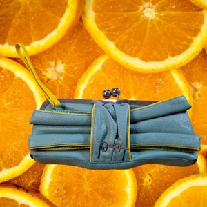 Jessica Simpson Teal and Yellow Clutch Purse Wristlet - Picture 1 of 5