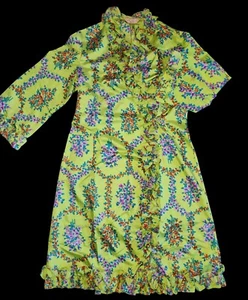 Vintage 60er glamer Made In Italy Hausmantel KLEID RÜSCHEN grün mit Blumen - Bild 1 von 14