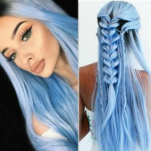 Women's Black Gradient Sky Blue Full Wig Long Straight Cosplay Party - Picture 1 of 1