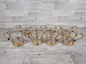 1960s LIBBEY COFFEE CUP SET Greek Key Continental MCM Metal Handles - Picture 1 of 7