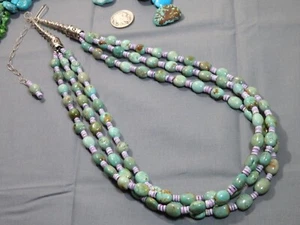 NAVAJO Pearls KINGMAN TURQUOISE Cebu Beauty WAMPUM Sterling Silver 29" NECKLACE - Picture 1 of 11