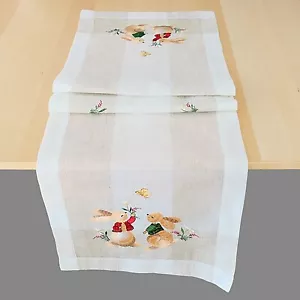 Tischläufer Ostern Stickerei Hasenpaar Blumen ecru bunt 40cm x 140cm - Bild 1 von 1