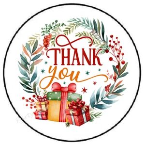 THANK YOU WREATH CHRISTMAS PRESENTS ENVELOPE SEALS LABELS STICKERS PARTY FAVORS - Picture 1 of 2