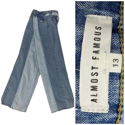 Jeans feminino Almost Famous tamanho 13 listra de dois tons cintura alta anos 70 bainha desgastada jeans - Imagem 1 de 4