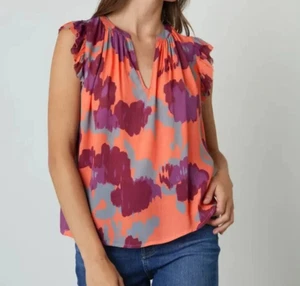 Velvet Graham & Spencer Alva Top Size XS Coral Pink Watercolor Flutter Sleeve - Picture 1 of 10