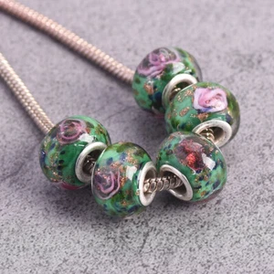 5pcs Green Floral 14mm Handmade Lampwork Glass European Charm Big Hole Beads - Picture 1 of 2