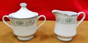 Oneida Lynwood Creamer & Sugar Bowl Lavender Blue Flowers Silver Trim Vtg - Picture 1 of 6
