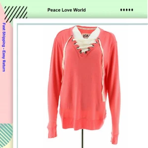 Peace Love World Comfy Knit Lace-Up V-Neck Top, Calypso Coral, XXS - Picture 1 of 4