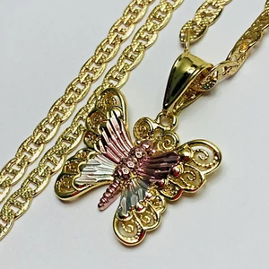 14k vergoldet Schmetterling dreifarbig Gold Anhänger Halskette & kubanische Kette 20in #239 - Bild 1 von 4