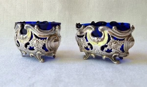 Antique Matching Pair HMSS Oval Salts Cobalt Blue Glass Liners Birmingham 1899 - Picture 1 of 10