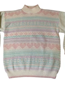 Maglione vintage SPUNKY anni 80 maglia isola delle fiere con cuori rosa pastello/viola/blu M - Foto 1 di 7