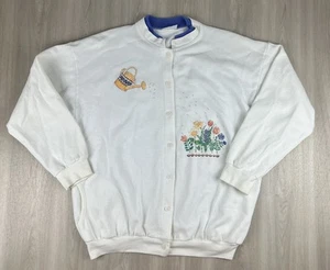 Vintage Morning Sun Cotton Cardigan Fleece Sweater Watering Can Flowers L/XL - Picture 1 of 12