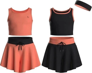 Essenclo Girl's 5pc Athletic Short Skirts w/ Tank Tops - Orange/Black - Sz 11/12 - Picture 1 of 5