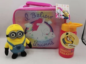I Love Unicorns Despicable Me Lunch Bag, Minions 2 Juice Bottle & Plush Minion. - Picture 1 of 10