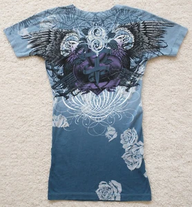 T-shirt donna Sinful PARADOX scollo a V S nuova con etichetta Affliction blu - Foto 1 di 5