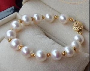 NATURAL 10-9MM SOUTH SEA WHITE ROUND PEARL BRACELET 14K GOLD CLASP - Picture 1 of 3
