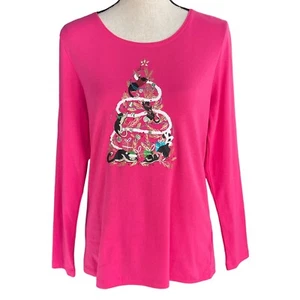 Karen Scott Small Top Holiday Christmas Tree Cats Long Sleeve Glitter Pink New - Picture 1 of 8