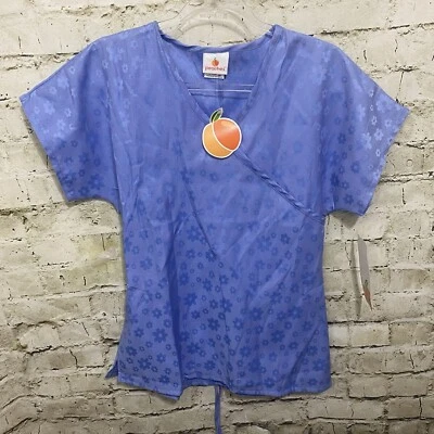 NWT Peaches Womens Size XS Blue Floral Print Tie Back V Neck Scrub Top GG26 - Image 1 of 4