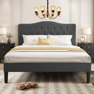 Queen Size Platform Bed Frame with Fabric Upholstered Headboard and Wooden Sl... - Picture 1 of 8