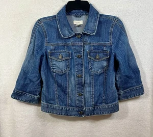 LOFT Denim Jean Jacket Womens M Blue Cropped 3/4 Sleeve Stretch Pockets - Picture 1 of 5