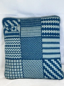 Vtg 1970's Needlepoint Patchwork Pillow Blue Green Teal Velvet 15" Grannycore - Picture 1 of 13