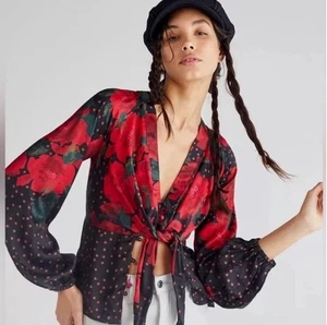 Free People Run Free Blouse Size L Dark Floral Balloon Sleeve Button Tie Front - Picture 1 of 14