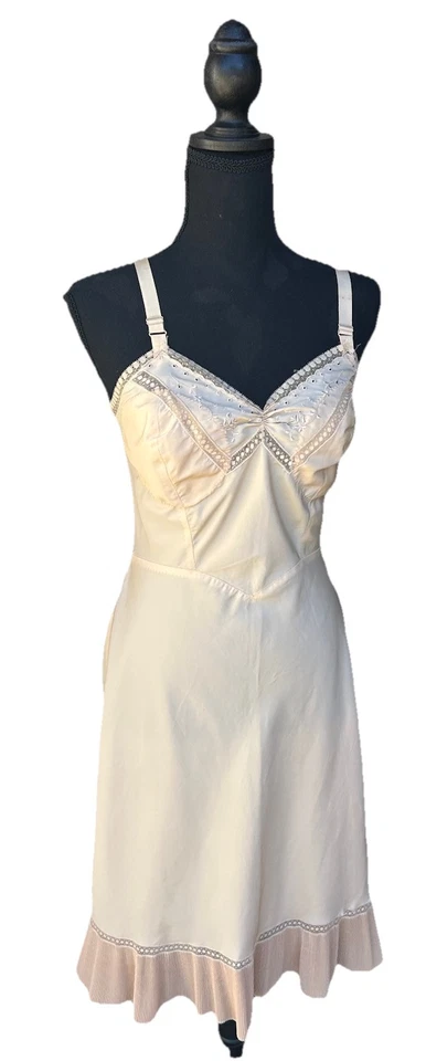 Vestido sin Mangas Vintage BARBIZON Talla S/M Borde de Encaje Bleige Bordado Excelente Foto 1 de 4