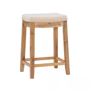 Linon Home Decor Counter Stool 26.25" Backless, Natural Fabric Seat, Acacia Wood - Picture 1 of 9