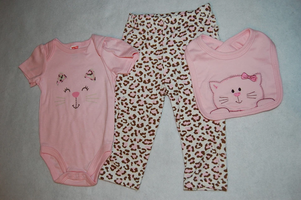Conjunto de 3 piezas de mono leggings para niñas pequeñas BABERO 0-3 meses MARRÓN rosa LEOPARDO GATO Foto 1 de 1