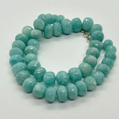 Amazonite Beaded Necklace Natural Gemstone Blue Stone Beads 16” Silver Clasp NEW - Image 1 of 4