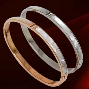 Natural Shell 3-stones CZ Bracelet Women's Titanium Steel Bangle Wedding Jewelry - Picture 1 of 11