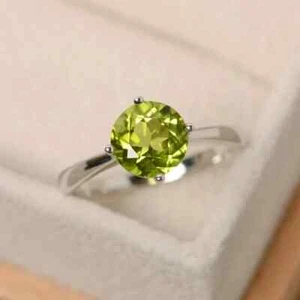 Fede Nuziale Solitario Peridoto Naturale Taglio Tondo 2,05 Ct Oro Bianco Massiccio 14K - Foto 1 di 6