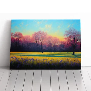 Fanciful Bluebell Field Sunrise Canvas Wall Art Print Framed Picture Home Decor - Picture 1 of 5