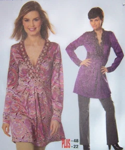 OOP v-neck long TUNIC DRESS PATTERN sz 10-22 pleated gather bodice long Sleeve - Picture 1 of 2